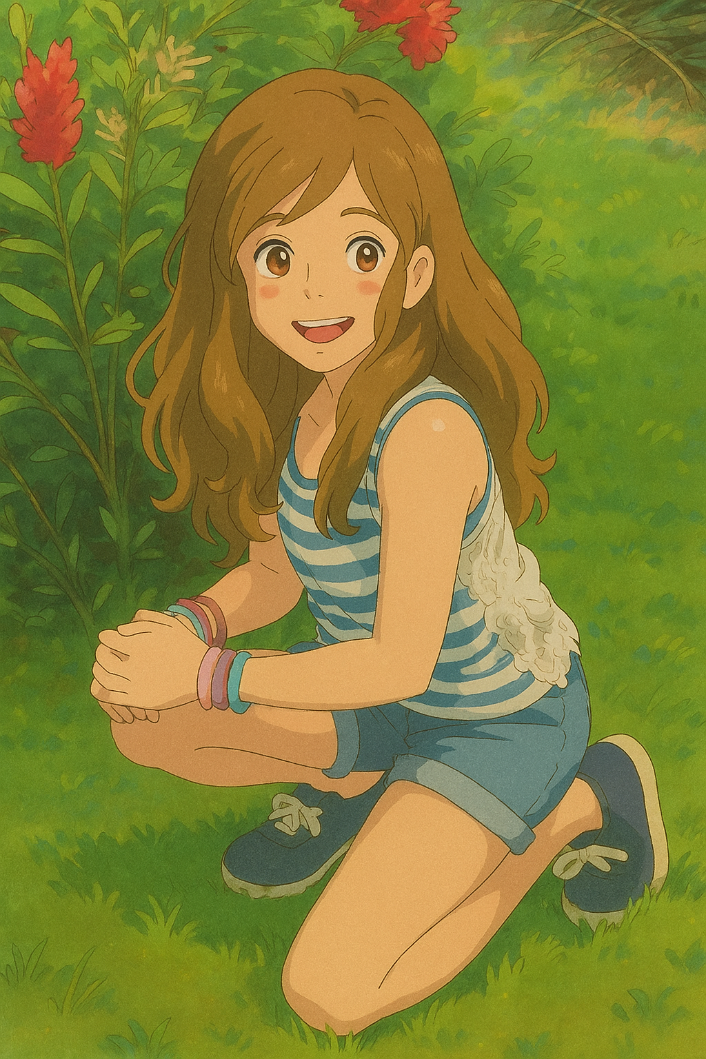 Pourriez-vous, je vous prie, transformer cette image en style Ghibli ? On respectera la couleur des yeux qui est NOISETTE clairs s'il vous plait.