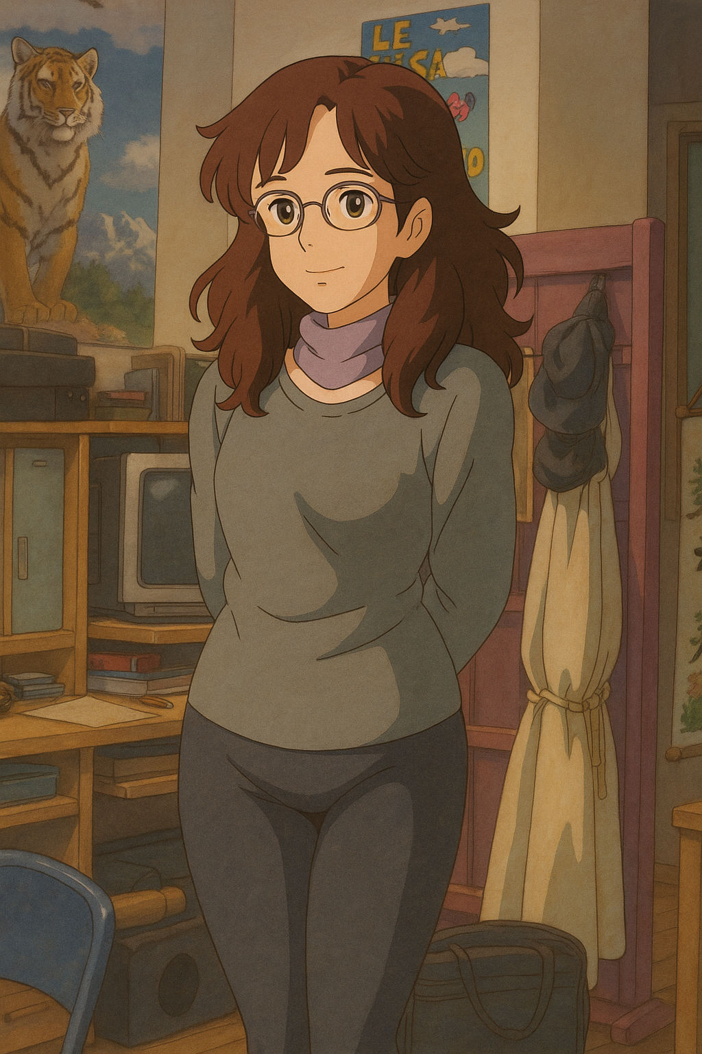 Pourriez-vous, je vous prie, transformer cette image en style Ghbli ?
On respectera:
- La tenue vestimentaire de cette femme au détail près:
Le même haut gris, les mêmes lunettes de vue et le même leggins moulant gris foncé.
On insistera sur le fait de bien restituer l'effet moulant du leggins.
- Les détails physiques:
-> même coupe de cheveux longue, ondulée et châtain, et les mêmes yeux NOISETTE clairs.
On respectera aussi la position corporelle.
D'avance, merci beaucoup.
