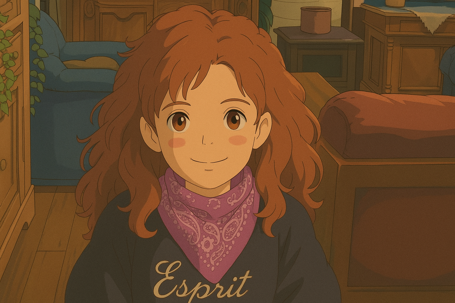 Pourriez-vous, je vous prie, transformer cette image en style Ghibli ? 
 On respectera la couleur des yeux qui est NOISETTE clairs s'il vous plait. 