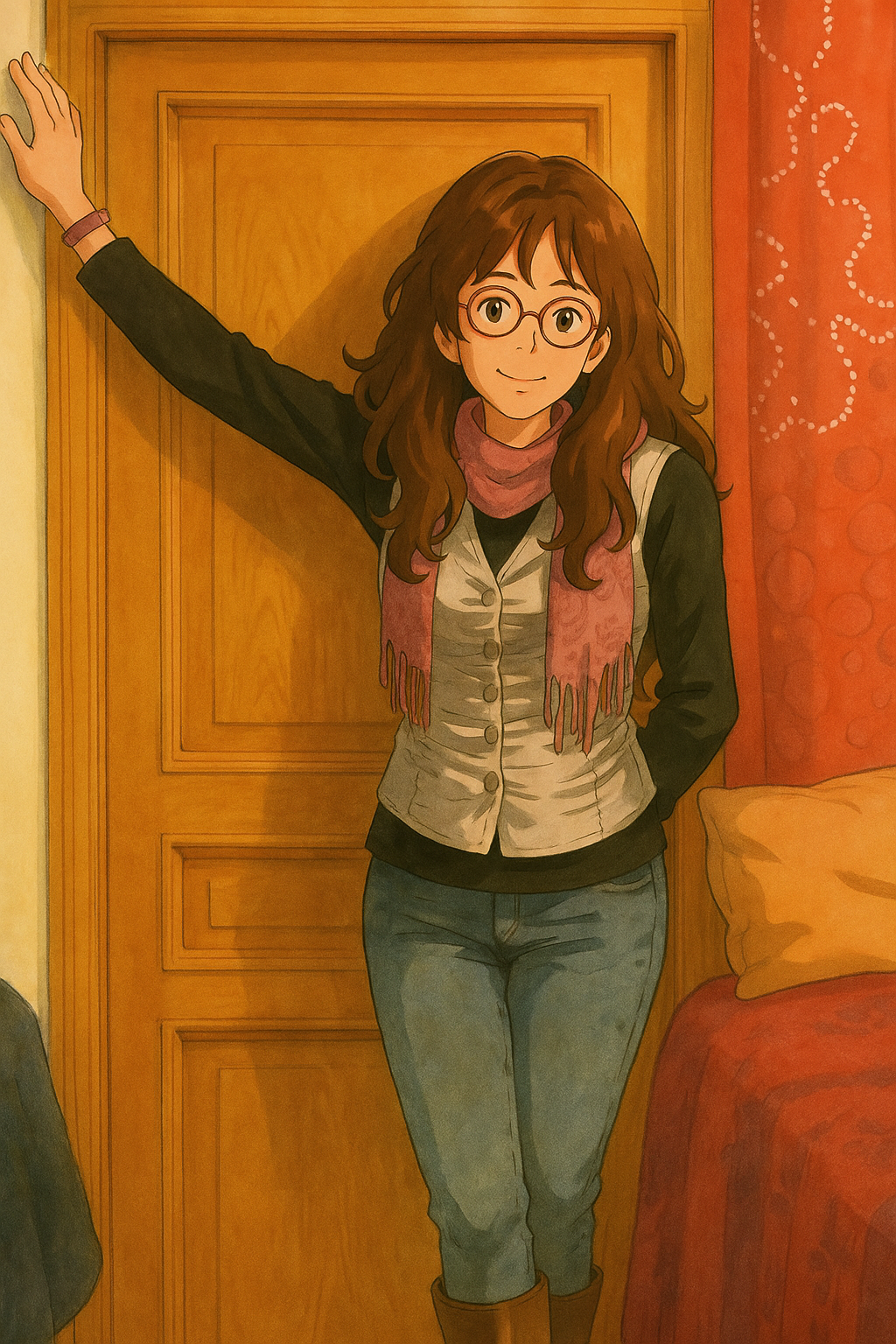 Pourriez-vous, je vous prie, transformer cette image en style Ghbli ?
On respectera:
- La tenue vestimentaire de cette femme au détail près:
Le même gilet gris clair en satin (effet brillant), porté sur un t-shirt noir à manches longues, le même foulard, les mêmes lunettes de vue et le même jean moulant.
- Les détails physiques:
-> même coupe de cheveux longue, ondulée et châtain, et les mêmes yeux NOISETTE clairs.
On respectera aussi la position corporelle.
D'avance, merci beaucoup.