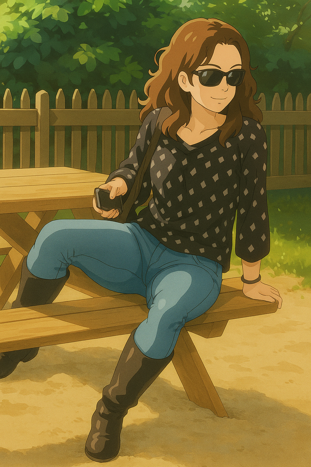 Pourriez-vous, je vous prie, transformer cette image en style Ghbli ?
On respectera:
- La tenue vestimentaire de cette femme au détail près:
Le même haut noir à points blancs, les mêmes lunettes de soleil et le même jean ultra moulant.
On insistera sur le fait de bien restituer l'effet ultra moulant du jean.
- Les détails physiques:
-> même coupe de cheveux longue, ondulée et châtain.
On respectera aussi la position corporelle.
D'avance, merci beaucoup.