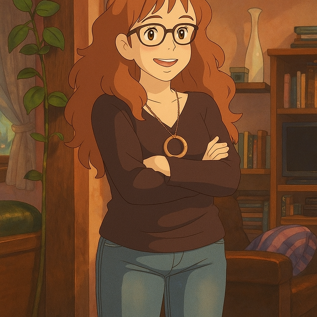 Pourriez-vous, je vous prie, transformer cette image en style Ghibli ? 
 Prière de ne pas oublier de respecter la couleur des yeux noisette clairs de cette filles et de ne pas oublier ses lunettes, s'il vous plaît. 
 D'avance, merci beaucoup.
