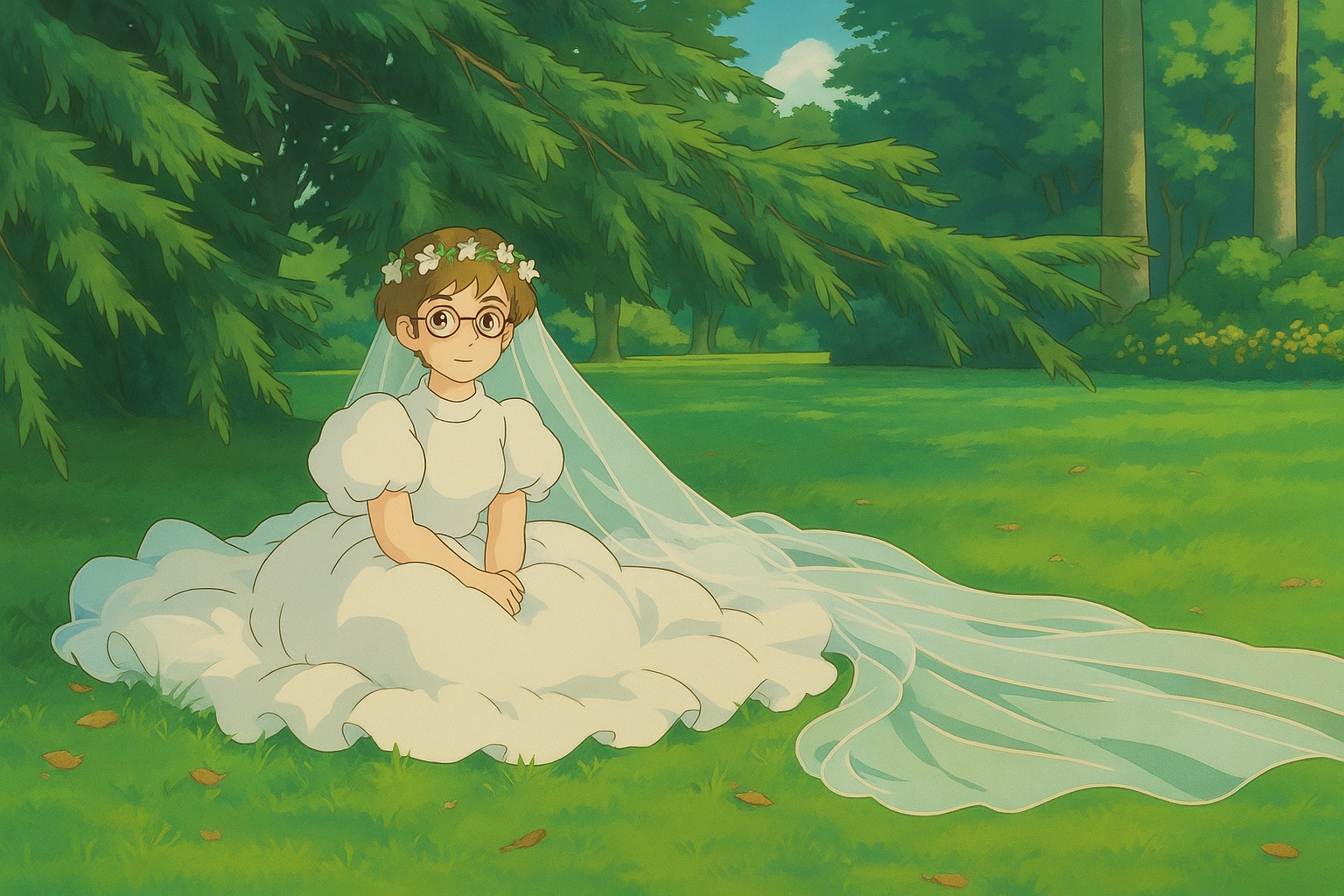 Pourriez-vous, je vous prie, transformer cette image en style Ghibli ? 
 Prière de respecter la couleur noisette clairs des yeux de cette fille et de ne pas oublier ses lunettes, s'il vous plaît. 
 D'avance, merci beaucoup.