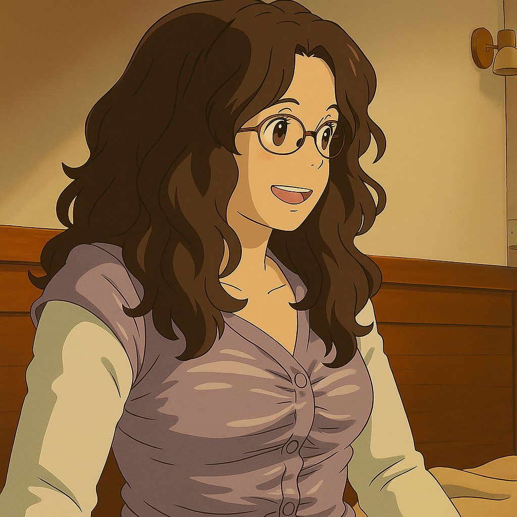 Pourriez-vous, je vous prie, transformer cette image en style Ghbli ? 
On respectera: 
- La tenue vestimentaire de cette femme au détail près: 
 Le même gilet gris clair en satin (effet brillant), porté sur un t-shirt blanc à manches longues. 
 - Les détails physiques: 
 -> même coupe de cheveux longue, ondulée et châtain, et les mêmes yeux NOISETTE clairs. 
 On respectera aussi la position corporelle. 
 D'avance, merci beaucoup.