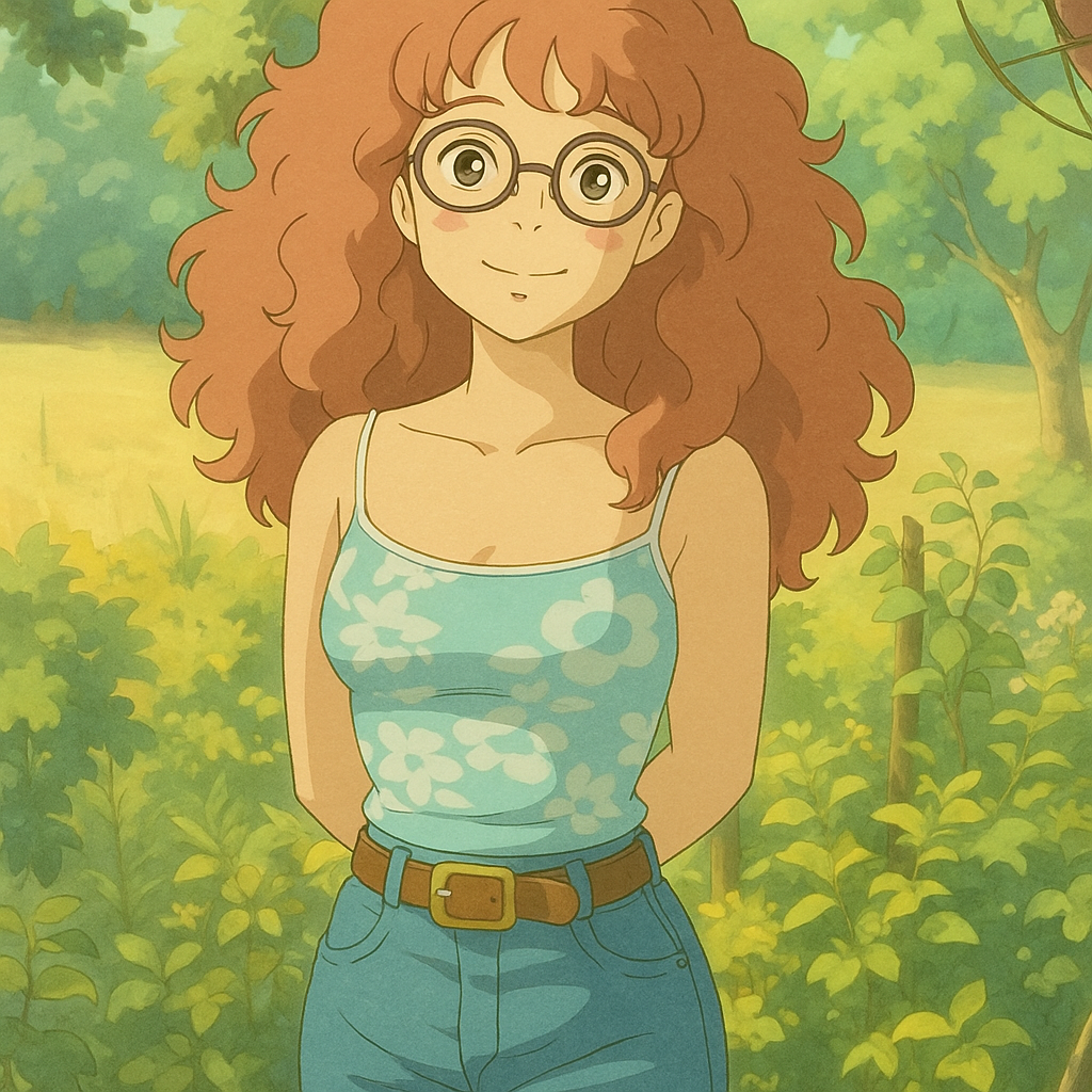 Pourriez-vous, je vous prie, transformer cette image en style Ghibli ? 
Prière de respecter la couleur des yeux de cette fille. Ses yeux sont Noisette clairs. Et prière de ne pas oublier les lunettes, s'il vous plaît. 
 D'avance, merci beaucoup.