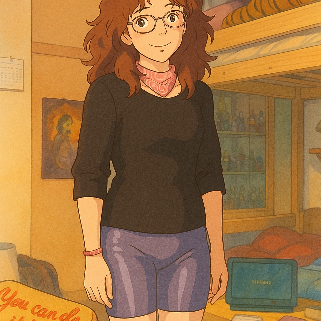 Pourriez-vous, je vous prie, transformer cette image en style Ghbli ?
On respectera:
- La tenue vestimentaire de cette femme au détail près:
La même pull noir à manches mi-longues, les mêmes lunettes de vue et le même short cycliste moulant lavande en lycra (effet brillant).
On insistera sur le fait de bien restituer l'effet moulant du short cycliste.
- Les détails physiques:
-> même coupe de cheveux longue, ondulée et châtain, et les mêmes yeux NOISETTE clairs.
On respectera aussi la position corporelle.
D'avance, merci beaucoup.