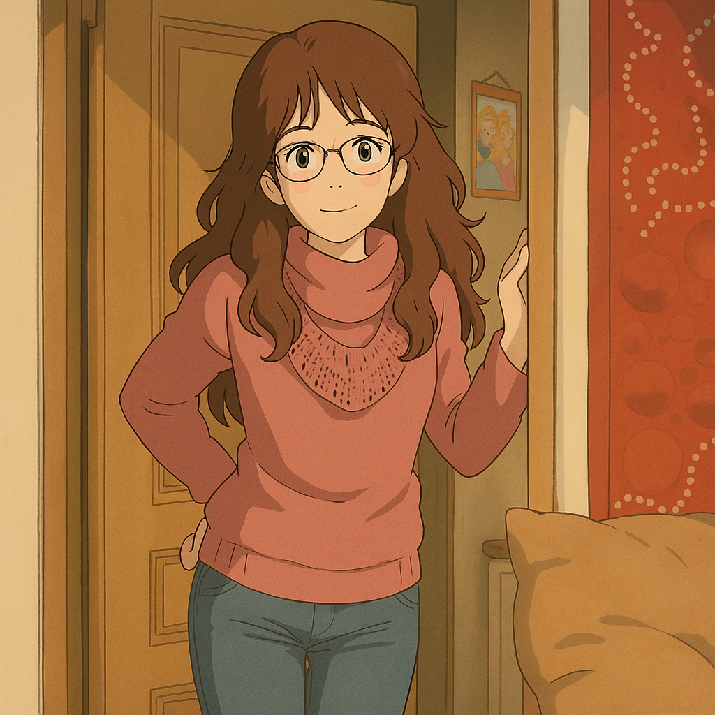 Pourriez-vous, je vous prie, transformer cette image en style Ghbli ?
On respectera:
- La tenue vestimentaire de cette femme au détail près:
Le même pull rose, les mêmes lunettes de vue et le même jean moulant.
- Les détails physiques:
-> même coupe de cheveux longue, ondulée et châtain, et les mêmes yeux NOISETTE clairs.
On respectera aussi la position corporelle.
D'avance, merci beaucoup.