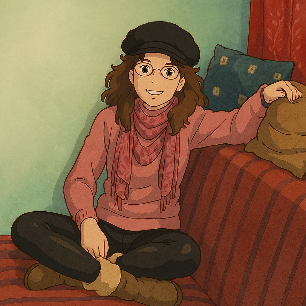 Pourriez-vous, je vous prie, transformer cette image en style Ghibli ? 
On respectera: 
- La tenue vestimentaire de cette femme au détail près: le même pull rose, le même foulard, la même casquette noire en laine, les mêmes lunettes de vue, le même leggins moulant noir en lycra. 
- Les détails physiques: même coupe de cheveux longue, ondulée et châtain et les mêmes yeux NOISETTE clairs. 
On respectera fidèlement aussi la position corporelle ainsi que l'effet moulant du leggins. 
D'avance, merci beaucoup.