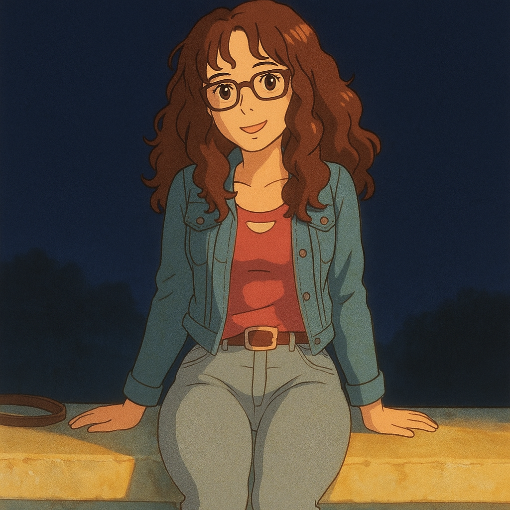 Pourriez-vous, je vous prie, transformer cette image en style Ghbli ?
On respectera:
- La tenue vestimentaire de cette femme au détail près:
La même veste en jean portée par-dessus le même t-shirt rose, les mêmes lunettes de vue et le même jean moulant.
On insistera sur le fait de bien restituer l'effet moulant du jean.
- Les détails physiques:
-> même coupe de cheveux longue, ondulée et châtain, et les mêmes yeux NOISETTE clairs.
On respectera aussi la position corporelle.
D'avance, merci beaucoup.