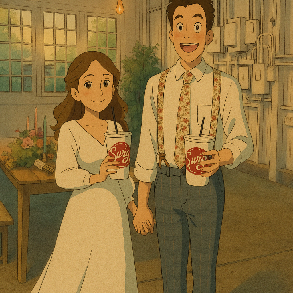 Turn this image into Studio Ghibli style. The cups we are holding say “Swig”. Please make my wife slimmer than the photo, her dress makes her look bigger.