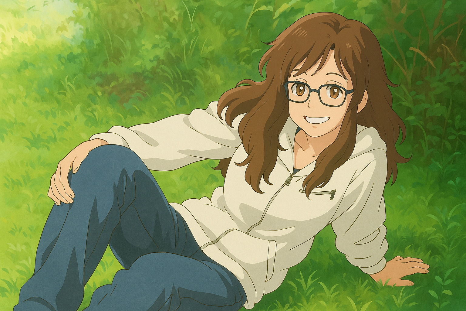 Pourriez-vous, je vous prie, transformer cette image en style Ghibli ? 
 On respectera la couleur des yeux qui est NOISETTE clairs s'il vous plait. 
 D'avance, merci beaucoup.
