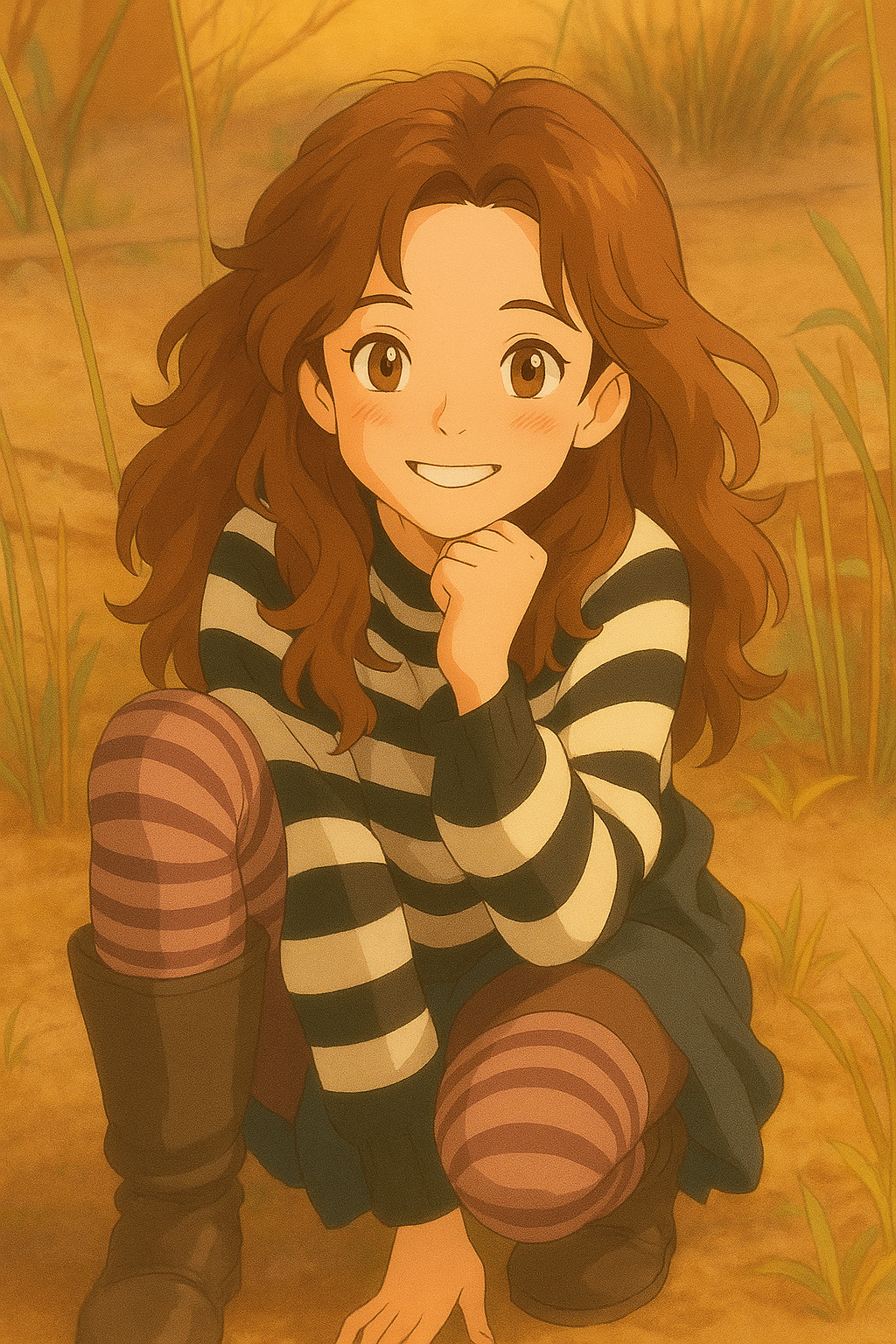 Pourriez-vous, je vous prie, transformer cette image en style Ghibli ? 
 On respectera la couleur des yeux qui est NOISETTE clairs s'il vous plait. 