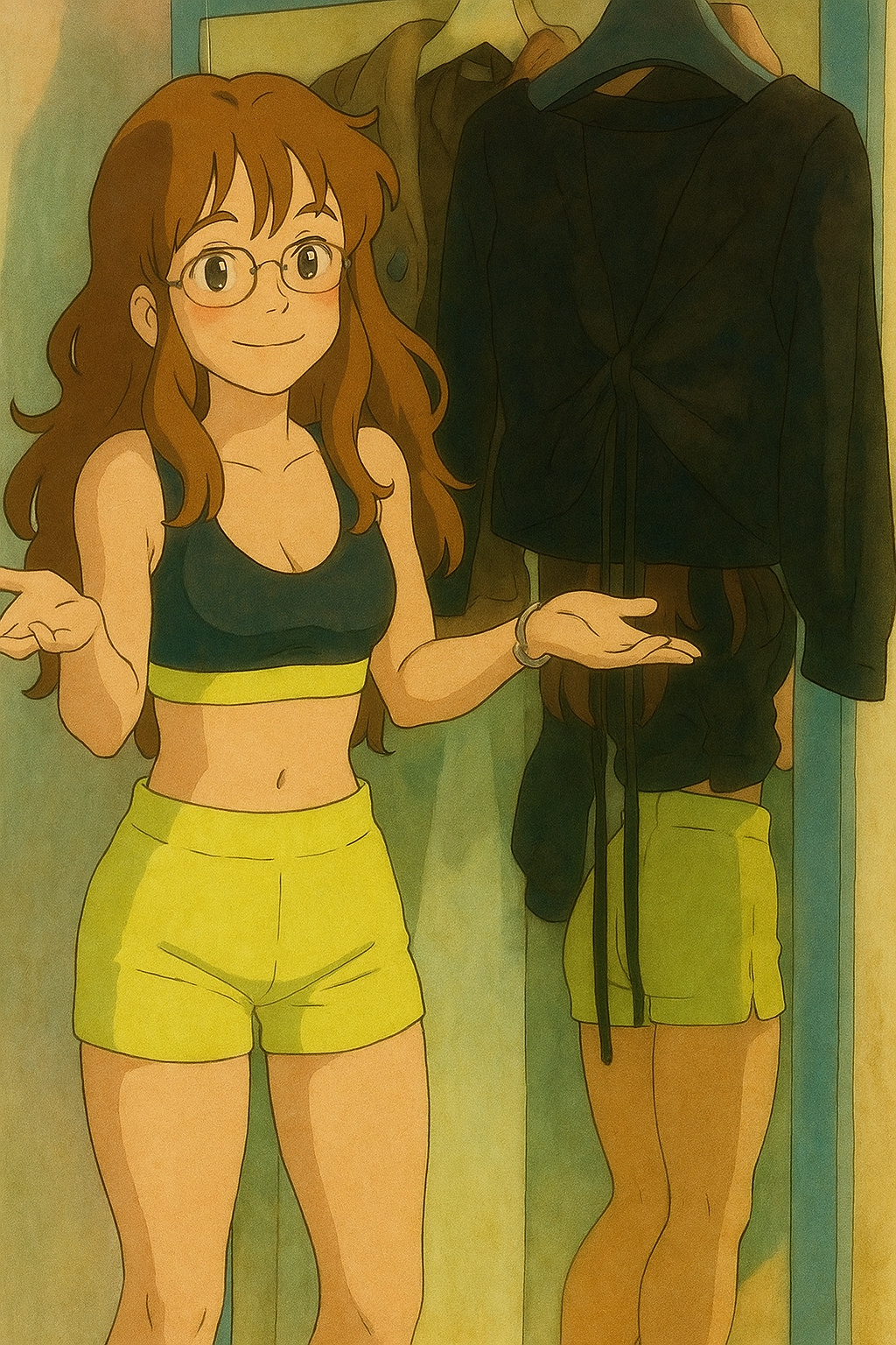 Pourriez-vous, je vous prie, transformer cette image en style Ghibli ? 
On respectera la couleur des yeux noisette clairs de la fille et on n'oubliera pas ses lunettes, s'il vous plaît. 
 D'avance, merci beaucoup.