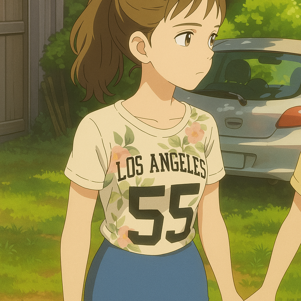 Pourriez-vous, je vous prie, transformer cette image en style Ghibli ? 
 On respectera fidèlement la couleur des yeux qui est NOISETTE clairs, et on dessinera le short en jean de cette fille aussi moulant qu'un short cycliste, s'il vous plaît.
D'avance, merci beaucoup.