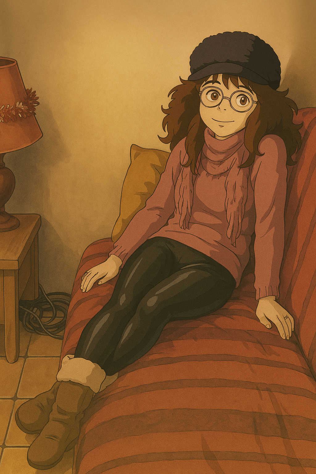 Pourriez-vous, je vous prie, transformer cette image en style Ghibli ?
On respectera:
- La tenue vestimentaire de cette femme au détail près: le même pull rose, le même foulard, la même casquette noire en laine, les mêmes lunettes de vue, le même leggins moulant noir en lycra (effet brillant).
- Les détails physiques: même coupe de cheveux longue, ondulée et châtain et les mêmes yeux NOISETTE clairs.
On respectera fidèlement aussi la position corporelle ainsi que l'effet moulant du leggins.
D'avance, merci beaucoup.