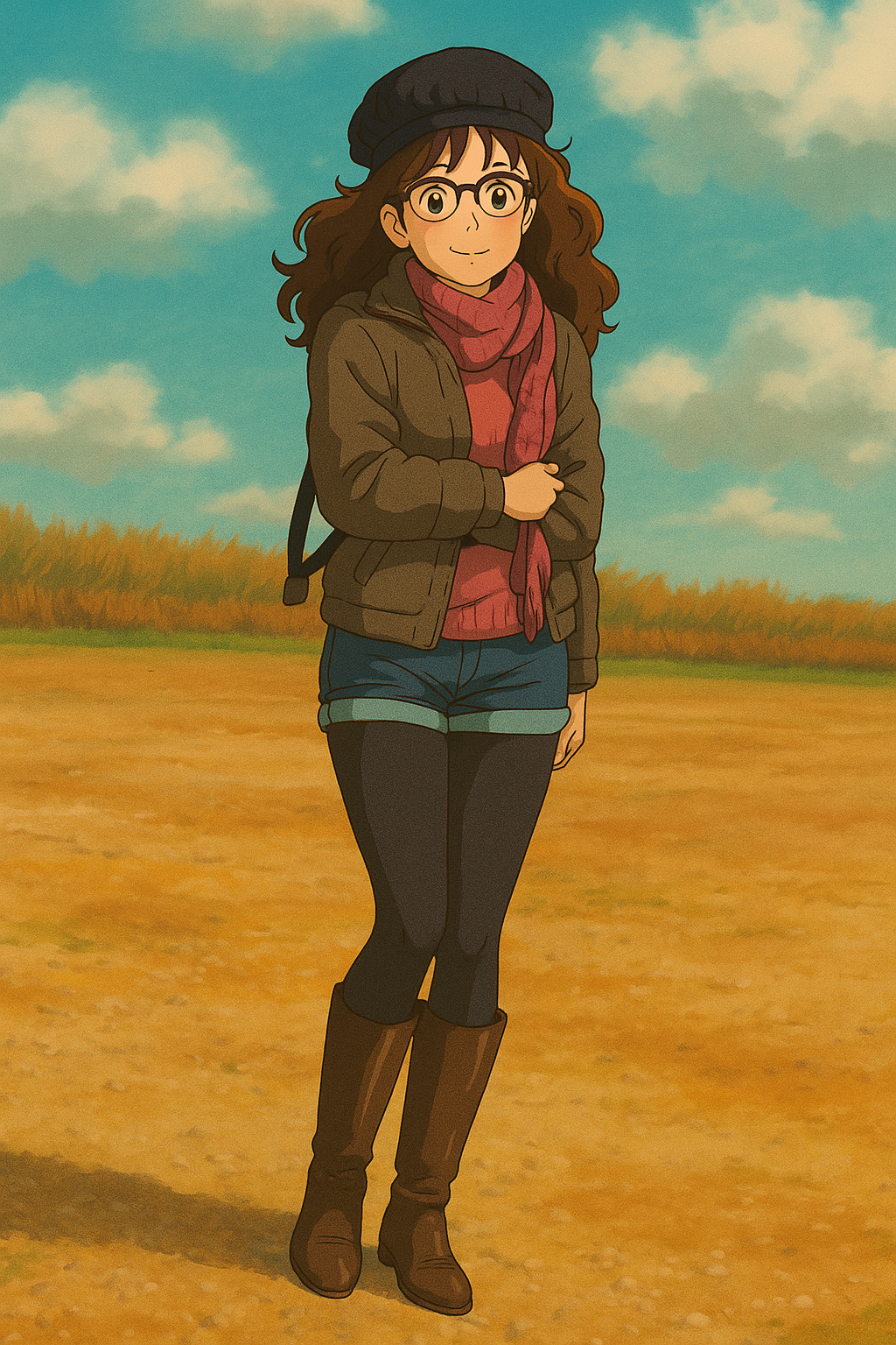 Pourriez-vous, je vous prie, transformer cette image en style Ghibli ? 
On respectera: 
- La tenue vestimentaire de cette femme au détail près: les mêmes lunettes de vue, la même veste grise portée sur le même pull rose, le même foulard et le même short en jean ultra moulant porté sur un leggins noir en lycra (effet brillant). 
 - Les détails physiques: même coupe de cheveux longue, ondulée et châtain et les mêmes yeux NOISETTE clairs. 
 On respectera fidèlement aussi la position corporelle ainsi que l'effet ultra moulant du short en jean. 
 D'avance, merci beaucoup.