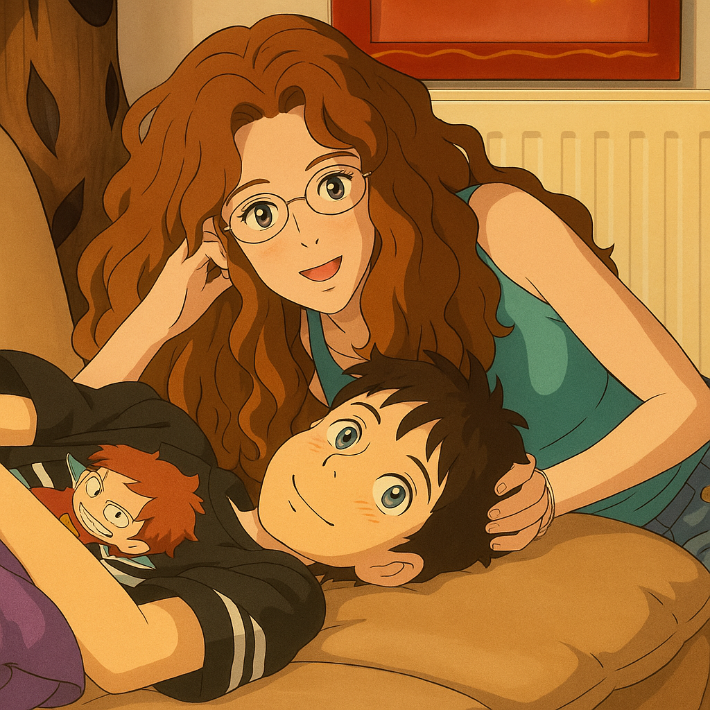 Pourriez-vous, je vous prie, transformer cette image en style Ghibli ? 
Prière de respecter la couleur des yeux de la fille qui sont Noisette clairs. Et prière de ne pas oublier ses lunettes, s'il vous plaît. 
 Les yeux du garçon sont bleus.
 D'avance, merci beaucoup.