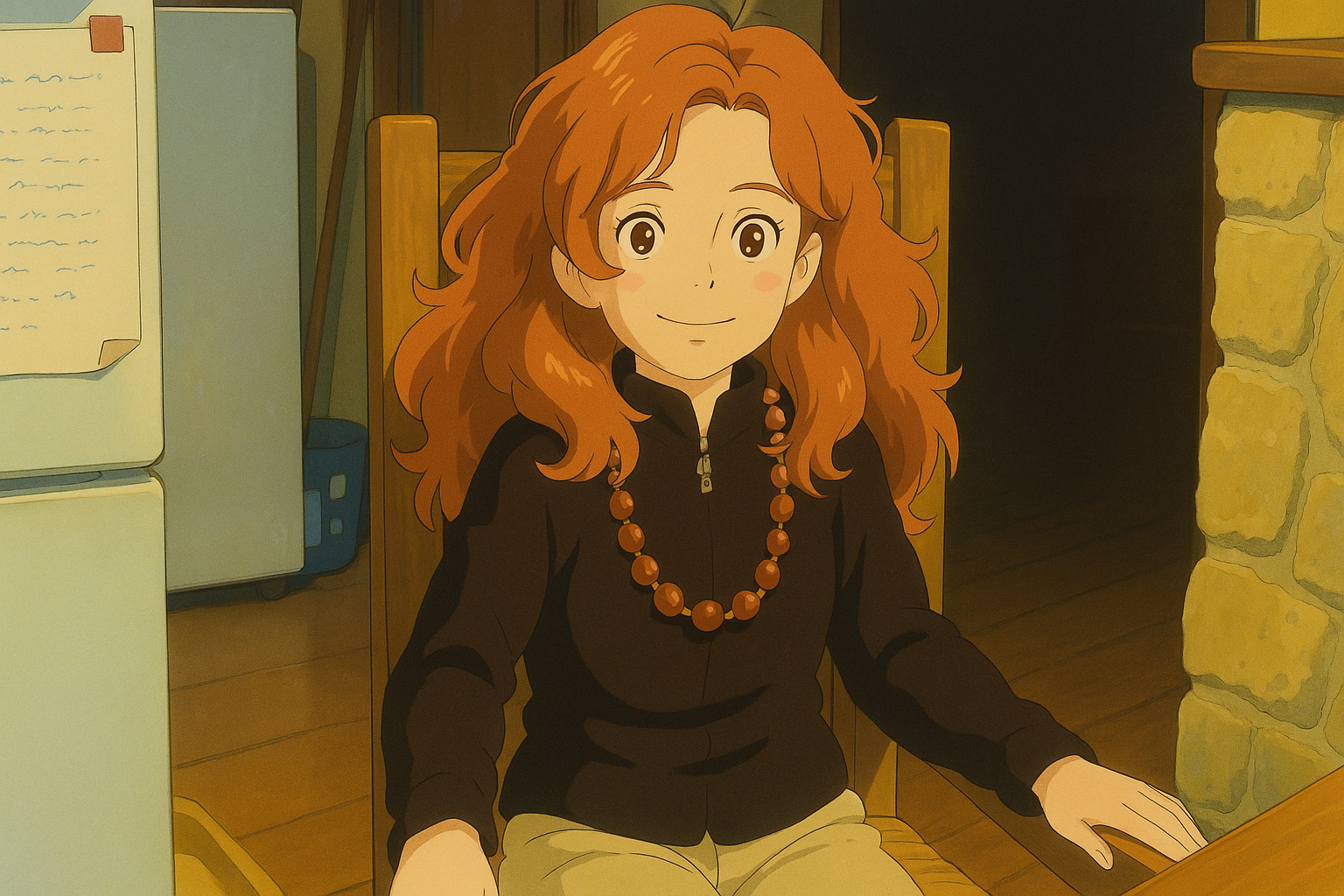 Pourriez-vous, je vous prie, transformer cette image en style Ghibli ? 
 On respectera la couleur des yeux qui est NOISETTE clairs s'il vous plait. 