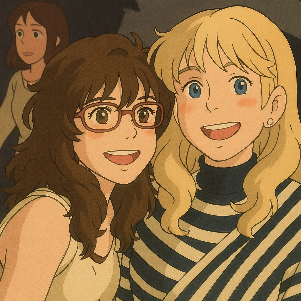 Pourriez-vous, je vous prie, transformer cette image en style Ghibli ?
Prière de respecter la couleur des yeux de ces filles :
--> noisette clairs pour la fille de gauche
--> bleus pour la fille de droite
Et prière de ne pas oublier les lunettes de la fille de gauche, s'il vous plaît.
D'avance, merci beaucoup.