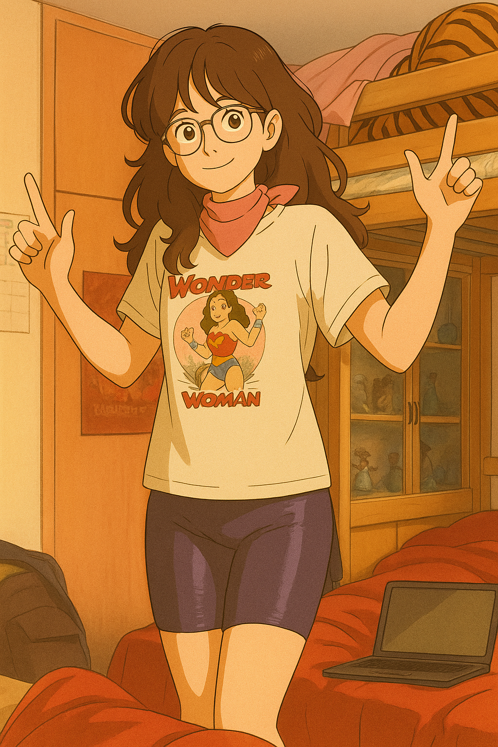 Pourriez-vous, je vous prie, transformer cette image en style Ghbli ?
On respectera:
- La tenue vestimentaire de cette femme au détail près:
La même t-shirt blanc avec ses dessins, les mêmes lunettes de vue et le même short cycliste moulant lavande en lycra (effet brillant).
On insistera sur le fait de bien restituer l'effet moulant du short cycliste.
- Les détails physiques:
-> même coupe de cheveux longue, ondulée et châtain, et les mêmes yeux NOISETTE clairs.
On respectera aussi la position corporelle.
D'avance, merci beaucoup.