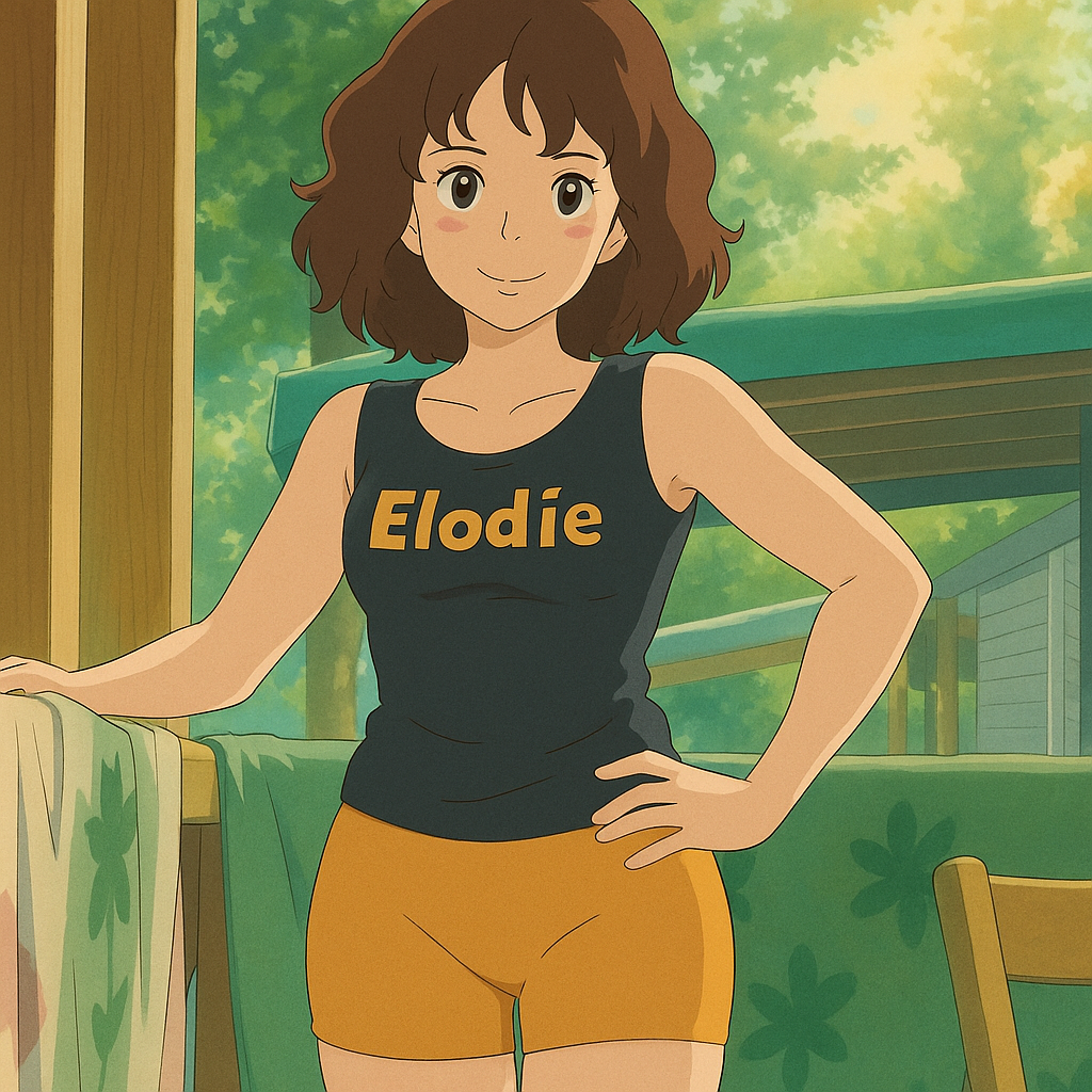 Pourriez-vous, je vous prie, transformer cette image en style Ghbli ?
On respectera:
- La tenue vestimentaire de cette femme au détail près:
Le même débardeur noir marqué "Elodie" en orange et le même short cycliste moulant orange.
On insistera sur le fait de bien restituer l'aspect moulant du short cycliste.
- Les détails physiques:
-> même coupe de cheveux mi-longue, ondulée et châtain, et les mêmes yeux NOISETTE.
On respectera aussi la position corporelle.
D'avance, merci beaucoup.