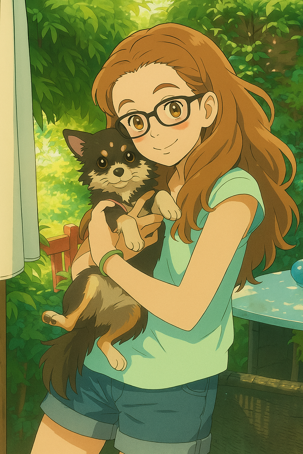 Pourriez-vous, je vous prie, transformer cette image en style Ghibli ? 
On respectera la couleur des yeux qui est NOISETTE clairs s'il vous plait. 
D'avance, merci beaucoup.
