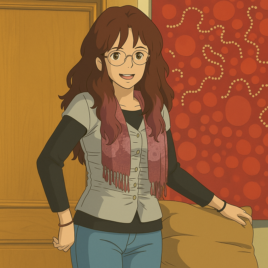 Pourriez-vous, je vous prie, transformer cette image en style Ghbli ? 
On respectera: 
- La tenue vestimentaire de cette femme au détail près: 
 Le même gilet gris clair en satin (effet brillant), porté sur un t-shirt noir à manches longues, le même foulard, les mêmes lunettes de vue et le même jean moulant. 
 - Les détails physiques: 
 -> même coupe de cheveux longue, ondulée et châtain, et les mêmes yeux NOISETTE clairs. 
 On respectera aussi la position corporelle. 
 D'avance, merci beaucoup.