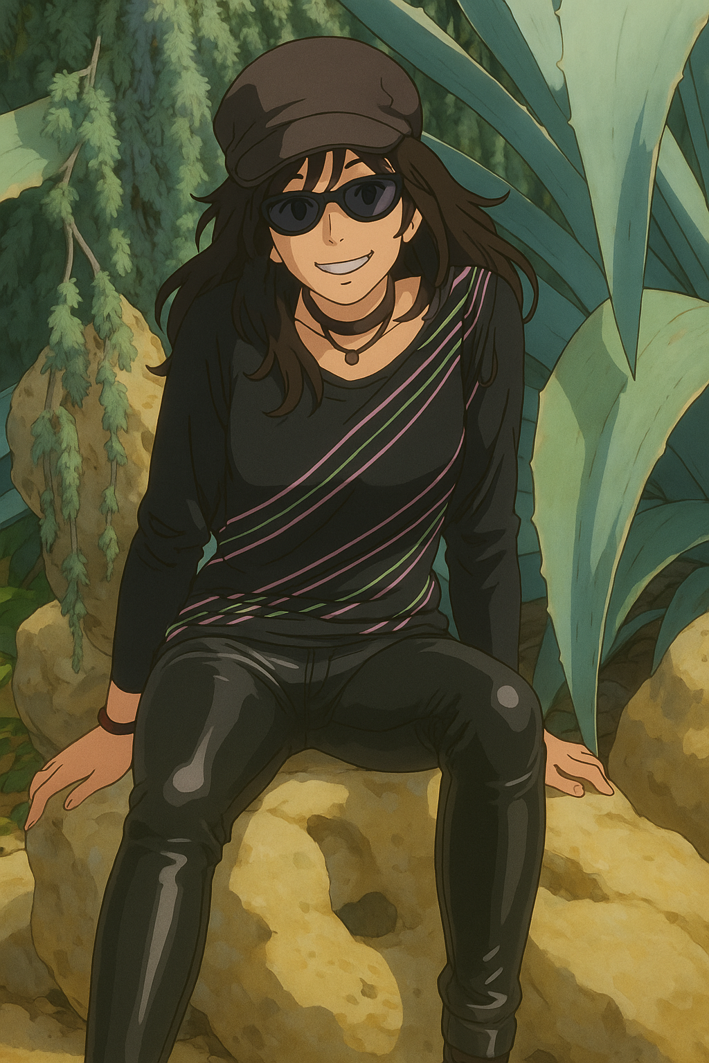 Pourriez-vous, je vous prie, transformer cette image en style Ghibli ? 
On respectera: 
- La tenue vestimentaire de cette femme au détail près: la même casquette, les mêmes lunettes de soleil, le même haut rayé à manches longues, et le même pantalon ultra moulant noir en sky (avec effet brillant). 
- Les détails physiques: même coupe de cheveux longue, ondulée et brune. 
On respectera fidèlement aussi la position corporelle ainsi que l'effet ultra moulant du pantalon en sky.
D'avance, merci beaucoup.