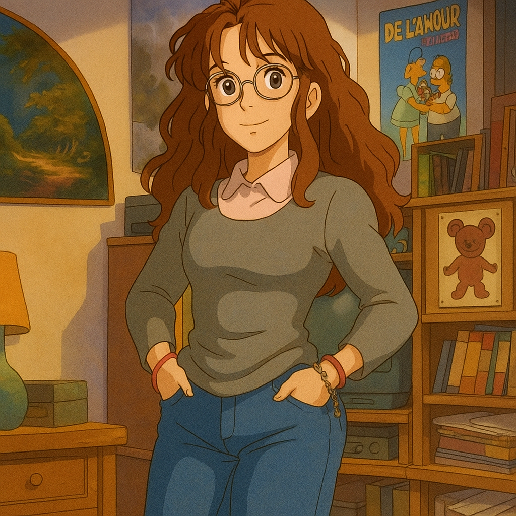 Pourriez-vous, je vous prie, transformer cette image en style Ghbli ?
On respectera:
- La tenue vestimentaire de cette femme au détail près:
Le même haut gris, les mêmes lunettes de vue et le même jean moulant.
On insistera sur le fait de bien restituer l'effet moulant du jean.
- Les détails physiques:
-> même coupe de cheveux longue, ondulée et châtain, et les mêmes yeux NOISETTE clairs.
On respectera aussi la position corporelle.
D'avance, merci beaucoup.