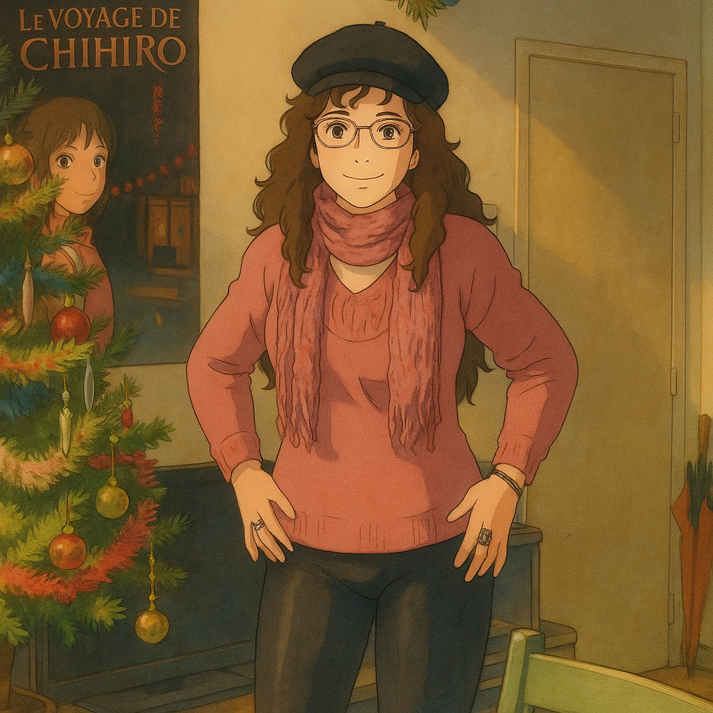 Pourriez-vous, je vous prie, transformer cette image en style Ghibli ?
On respectera:
- La tenue vestimentaire de cette femme au détail près: le même pull rose, le même foulard, la même casquette noire en laine, les mêmes lunettes de vue, le même leggins moulant noir en lycra.
- Les détails physiques: même coupe de cheveux longue, ondulée et châtain et les mêmes yeux NOISETTE clairs.
On respectera fidèlement aussi la position corporelle ainsi que l'effet moulant du leggins.
D'avance, merci beaucoup.