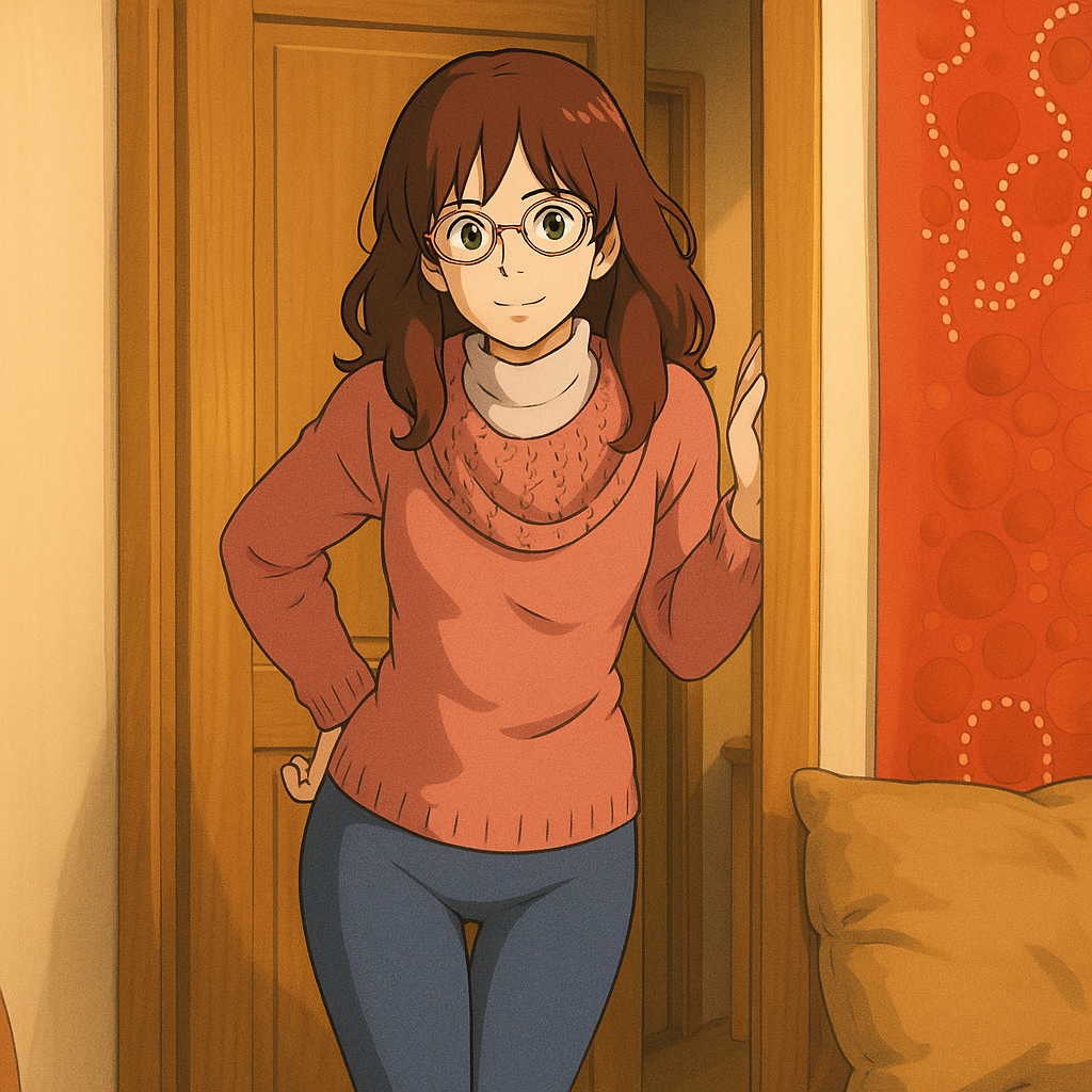 Pourriez-vous, je vous prie, transformer cette image en style Ghbli ? 
On respectera: 
- La tenue vestimentaire de cette femme au détail près: 
 Le même pull rose, les mêmes lunettes de vue et le même jean que l'on rendra aussi moulant qu'un leggins.  
 - Les détails physiques: 
 -> même coupe de cheveux longue, ondulée et châtain, et les mêmes yeux NOISETTE clairs. 
 On respectera aussi la position corporelle. 
 D'avance, merci beaucoup.