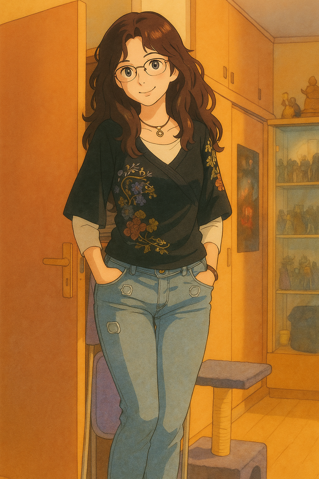 Pourriez-vous, je vous prie, transformer cette image en style Ghbli ?
On respectera:
- La tenue vestimentaire de cette femme au détail près:
Le même haut noir porté sur un t-shirt blanc à manches longues, les mêmes lunettes de vue et le même jean moulant.
On insistera sur le fait de bien restituer l'effet moulant du jean.
- Les détails physiques:
-> même coupe de cheveux longue, ondulée et châtain et les yeux NOISETTE clairs.
On respectera aussi la position corporelle.
D'avance, merci beaucoup.