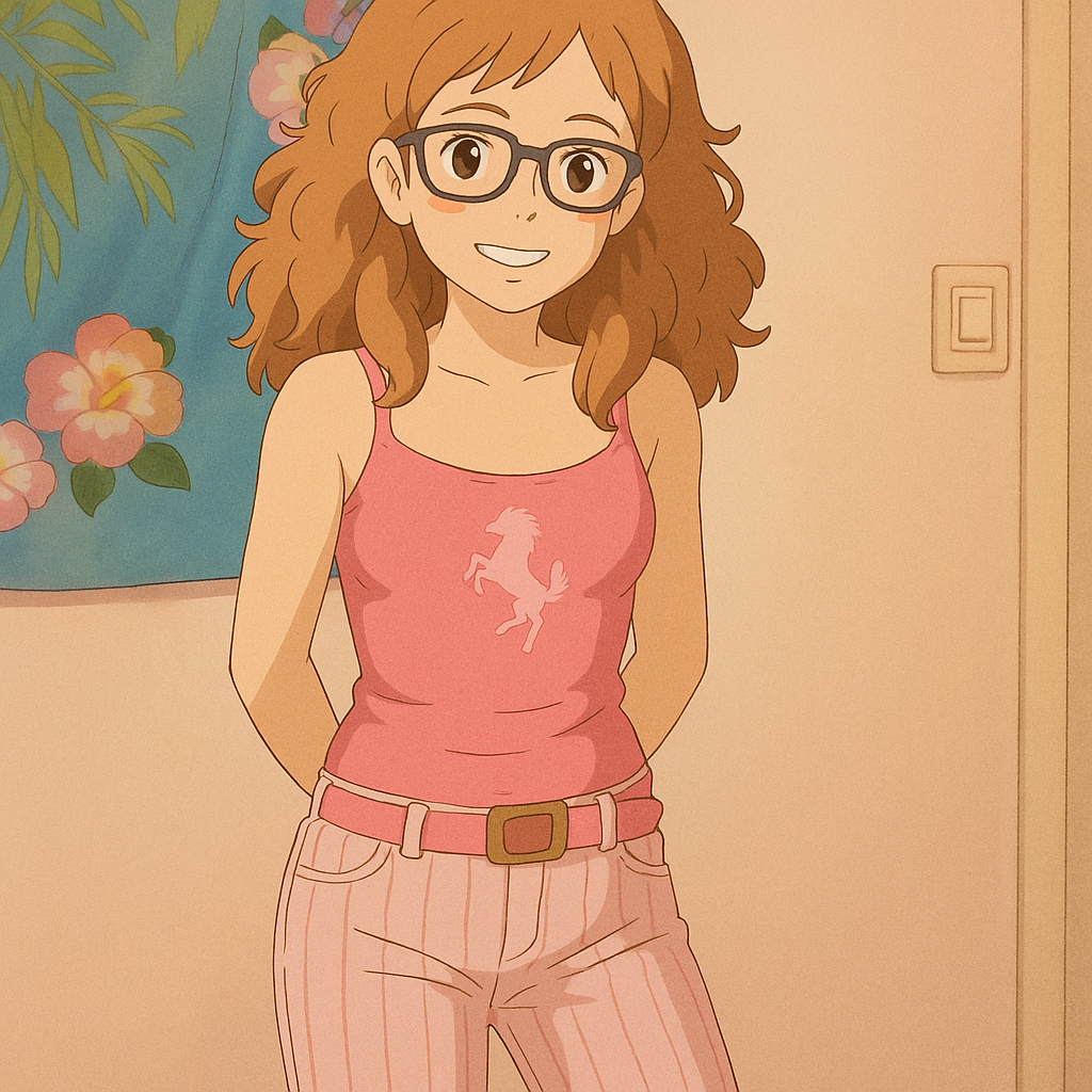 Pourriez-vous, je vous prie, transformer cette image en style Ghibli ? 
On respectera la couleur des yeux qui est NOISETTE clairs et on restituera fidèlement l'aspect moulant du pantalon que porte cette fille, s'il vous plait. 
D'avance, merci beaucoup.
