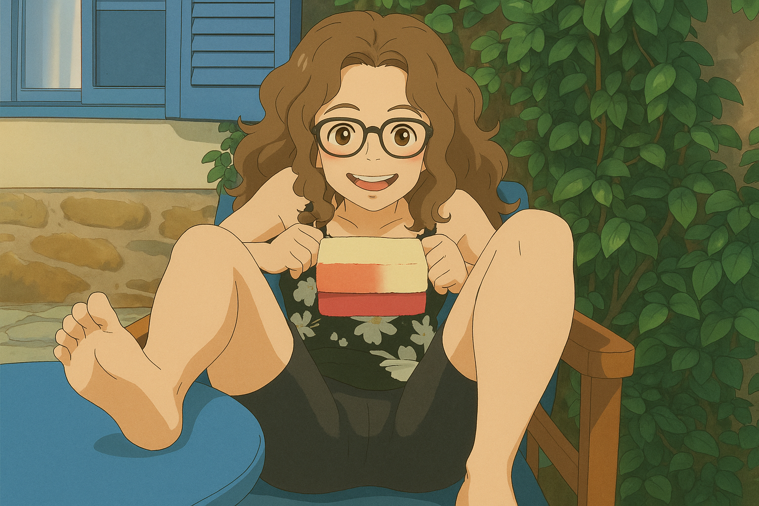 Pourriez-vous, je vous prie, transformer cette image en style Ghibli ? 
On respectera la couleur des yeux qui est NOISETTE clairs s'il vous plait et on restituera parfaitement le short cycliste court moulant noir à texture mate. 
D'avance, merci beaucoup.
