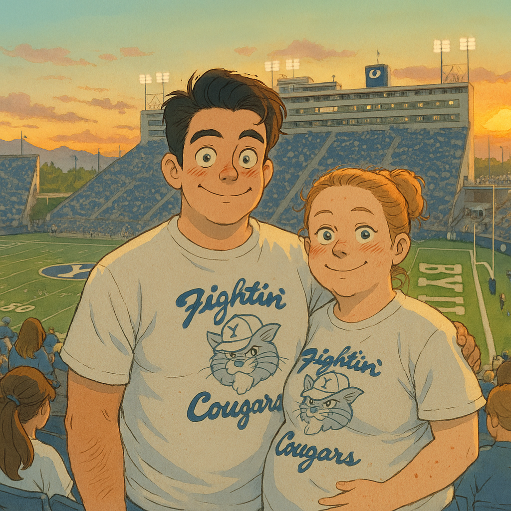 Turn this image into 6x8 Studio Ghibli style. Make sure to keep the background which is the BYU football Stadium in Provo, UT. Our shirts say “Fighting Cougars”. Please show that my wife has a baby bump.