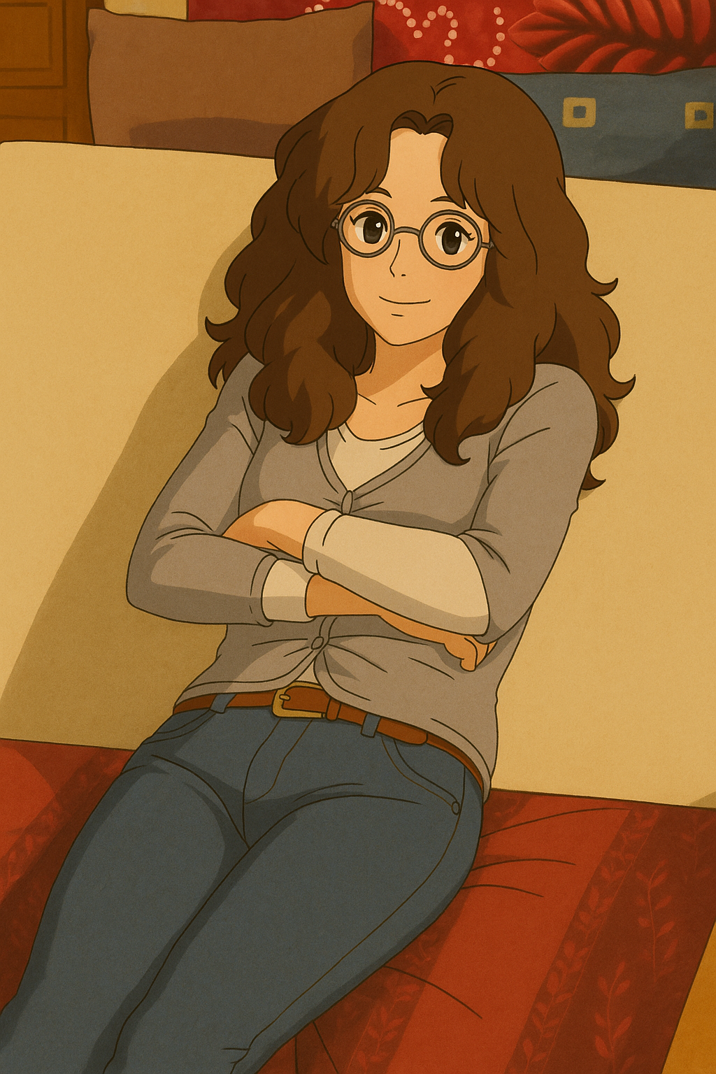Pourriez-vous, je vous prie, transformer cette image en style Ghbli ?
On respectera:
- La tenue vestimentaire de cette femme au détail près:
Le même gilet gris clair en satin (effet brillant), porté sur un t-shirt blanc à manches longues, les mêmes lunettes de vue et le même jean moulant.
- Les détails physiques:
-> même coupe de cheveux longue, ondulée et châtain, et les mêmes yeux NOISETTE clairs.
On respectera aussi la position corporelle.
D'avance, merci beaucoup.