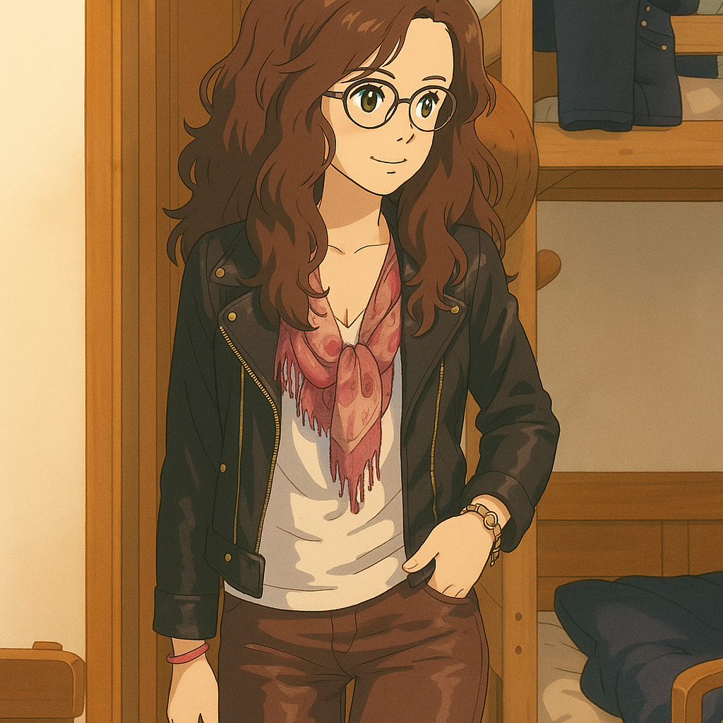 Pourriez-vous, je vous prie, transformer cette image en style Ghbli ? 
On respectera: 
- La tenue vestimentaire de cette femme au détail près: 
 La même veste en cuir portée par-dessus le même t-shirt blanc, le même foulard, les mêmes lunettes de vue et le même pantalon moulant marron en satin (effet brillant). 
 - Les détails physiques: 
 -> même coupe de cheveux longue, ondulée et châtain, et les mêmes yeux NOISETTE clairs. 
 On respectera aussi la position corporelle. 
 D'avance, merci beaucoup.