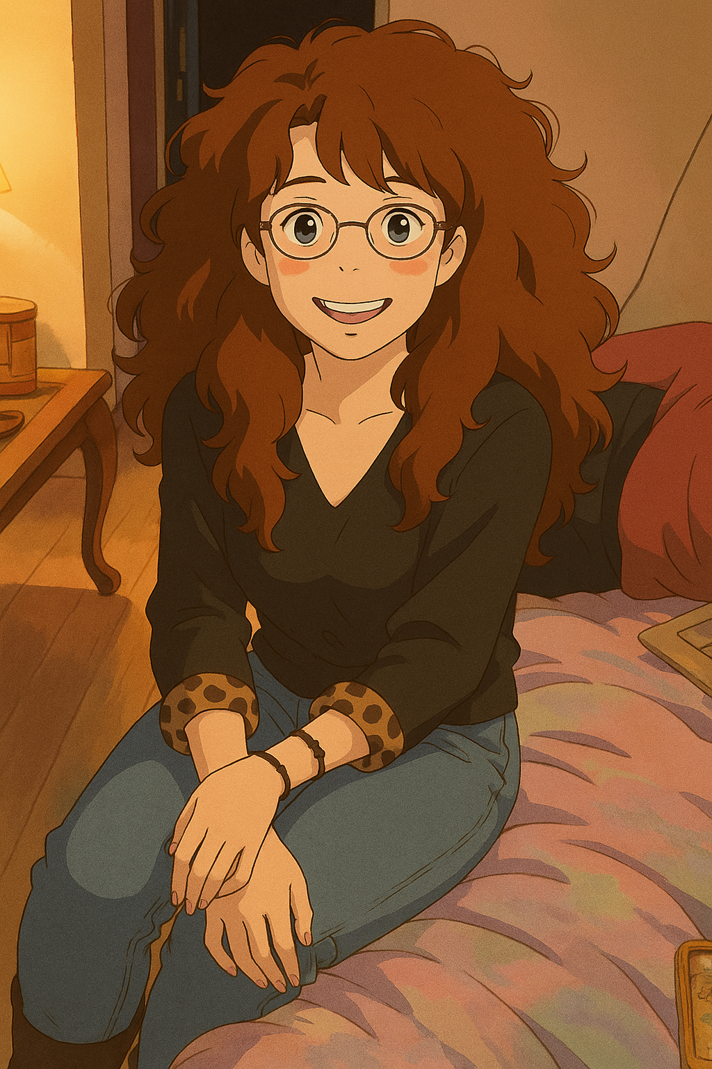 Pourriez-vous, je vous prie, transformer cette image en style Ghibli ? 
Prière de respecter la couleur noisette clairs des yeux et de ne pas oublier les lunettes, s'il vous plaît. 
 D'avance, merci beaucoup.