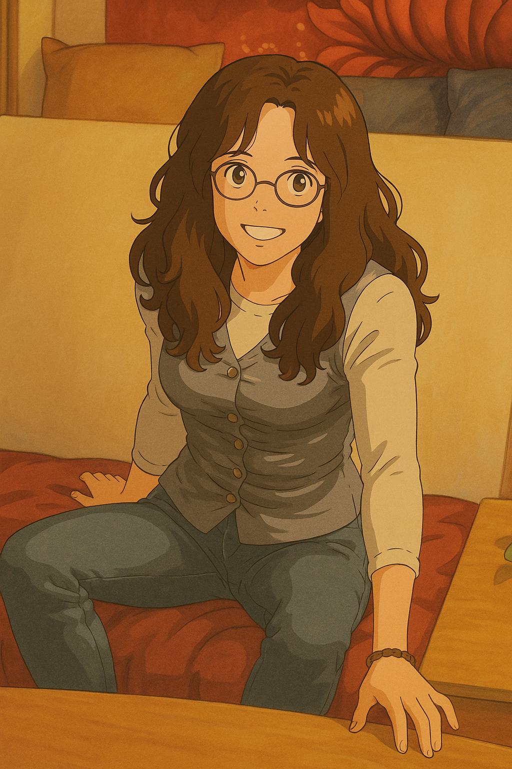 Pourriez-vous, je vous prie, transformer cette image en style Ghbli ?
On respectera:
- La tenue vestimentaire de cette femme au détail près:
Le même gilet gris clair en satin (effet brillant), porté sur un t-shirt blanc à manches longues, les mêmes lunettes de vue et le même jean moulant.
- Les détails physiques:
-> même coupe de cheveux longue, ondulée et châtain, et les mêmes yeux NOISETTE clairs.
On respectera aussi la position corporelle.
D'avance, merci beaucoup.