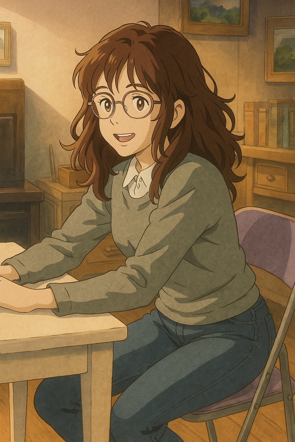 Pourriez-vous, je vous prie, transformer cette image en style Ghbli ?
On respectera:
- La tenue vestimentaire de cette femme au détail près:
Le même haut gris, les mêmes lunettes de vue et le même jean moulant.
On insistera sur le fait de bien restituer l'effet moulant du jean.
- Les détails physiques:
-> même coupe de cheveux longue, ondulée et châtain, et les mêmes yeux NOISETTE clairs.
On respectera aussi la position corporelle.
D'avance, merci beaucoup.