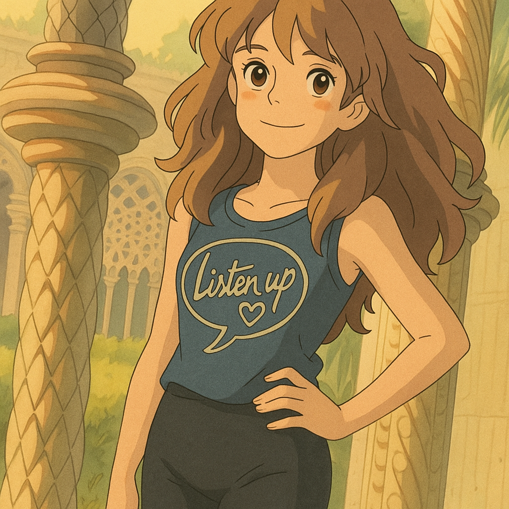 Pourriez-vous, je vous prie, transformer cette image en style Ghibli ? On respectera la couleur des yeux qui est NOISETTE clairs s'il vous plait et on restituera parfaitement le short cycliste court moulant noir à texture mate. 
 D'avance, merci beaucoup.