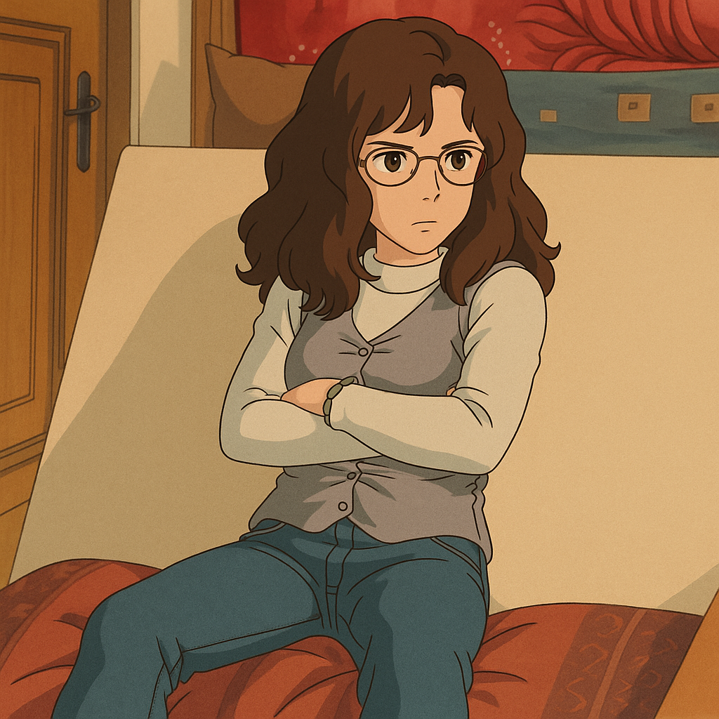 Pourriez-vous, je vous prie, transformer cette image en style Ghbli ?
On respectera:
- La tenue vestimentaire de cette femme au détail près:
Le même gilet gris clair en satin (effet brillant), porté sur un t-shirt blanc à manches longues, les mêmes lunettes de vue et le même jean moulant.
- Les détails physiques:
-> même coupe de cheveux longue, ondulée et châtain, et les mêmes yeux NOISETTE clairs.
On respectera aussi la position corporelle.
D'avance, merci beaucoup.