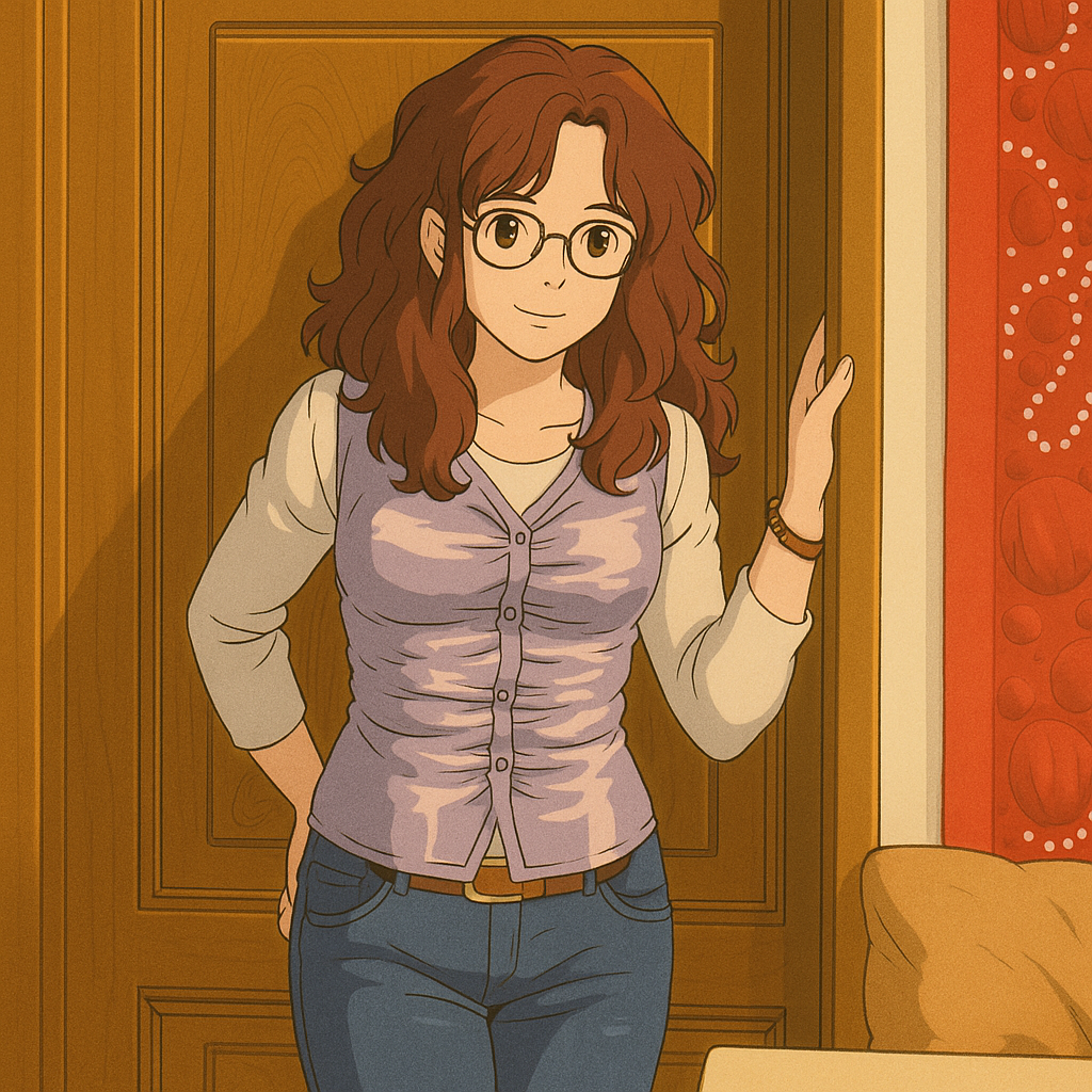 Pourriez-vous, je vous prie, transformer cette image en style Ghbli ? 
On respectera: 
- La tenue vestimentaire de cette femme au détail près: 
 Le même gilet gris clair en satin (effet brillant), porté sur un t-shirt blanc à manches longues, les mêmes lunettes de vue et le même jean moulant. 
 - Les détails physiques: 
 -> même coupe de cheveux longue, ondulée et châtain, et les mêmes yeux NOISETTE clairs. 
 On respectera aussi la position corporelle. 
 D'avance, merci beaucoup.