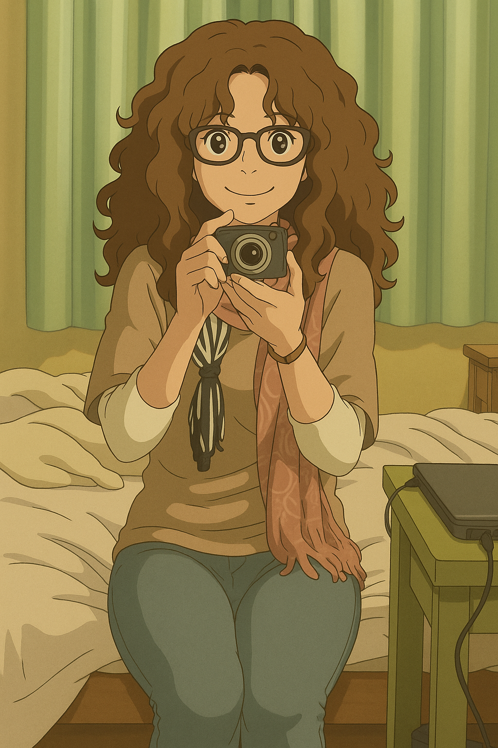 Pourriez-vous, je vous prie, transformer cette image en style Ghibli ?
On respectera:
- La tenue vestimentaire de cette femme au détail près: les mêmes lunettes de vue, le même pull beige à manche mi-longues porté sur un t-shirt blanc à manches longues, et le même jean ultra moulant.
- Les détails physiques: même coupe de cheveux longue, ondulée et châtain et les mêmes yeux NOISETTE clairs.
On respectera fidèlement aussi la position corporelle ainsi que l'effet ultra moulant du jean.
D'avance, merci beaucoup.