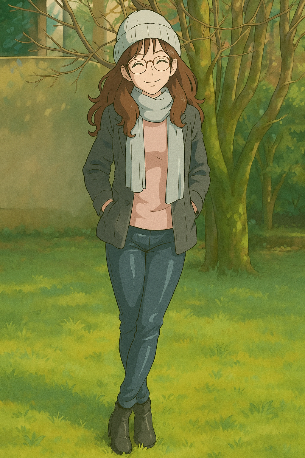Pourriez-vous, je vous prie, transformer cette image en style Ghbli ?
On respectera:
- La tenue vestimentaire de cette femme au détail près:
La même veste gris foncé, la même écharpe gris clair, le même bonnet gris clair, les mêmes lunettes de vue et le même pantalon moulant en satin (effet brillant).
On insistera sur le fait de bien restituer l'effet moulant du pantalon.
- Les détails physiques:
-> même coupe de cheveux longue, ondulée et châtain, et les mêmes yeux NOISETTE clairs.
On respectera aussi la position corporelle.
D'avance, merci beaucoup.