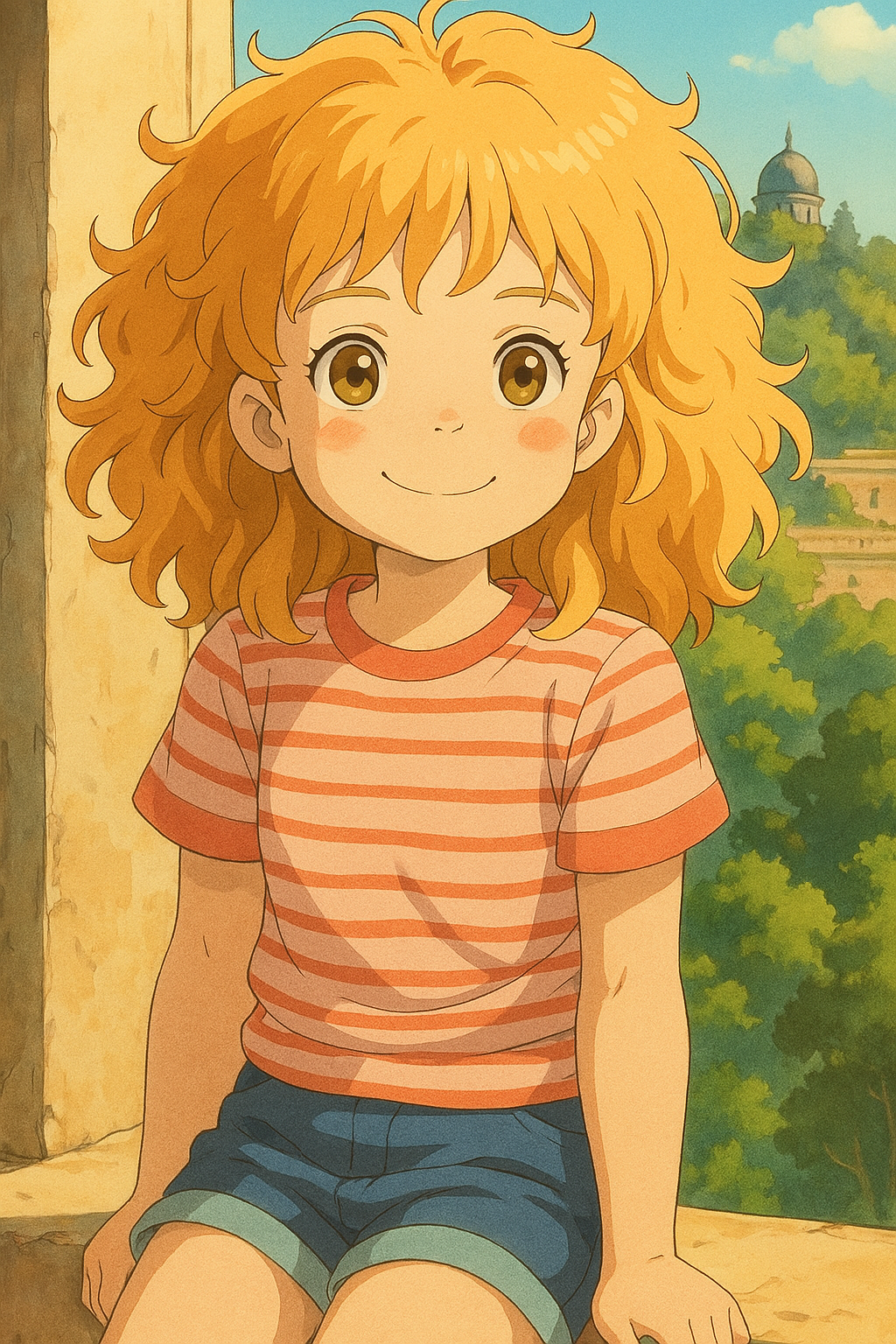Pourriez-vous, je vous prie, transformer cette image en style Ghibli ? 
 On respectera la couleur des yeux qui est NOISETTE clairs s'il vous plait. 