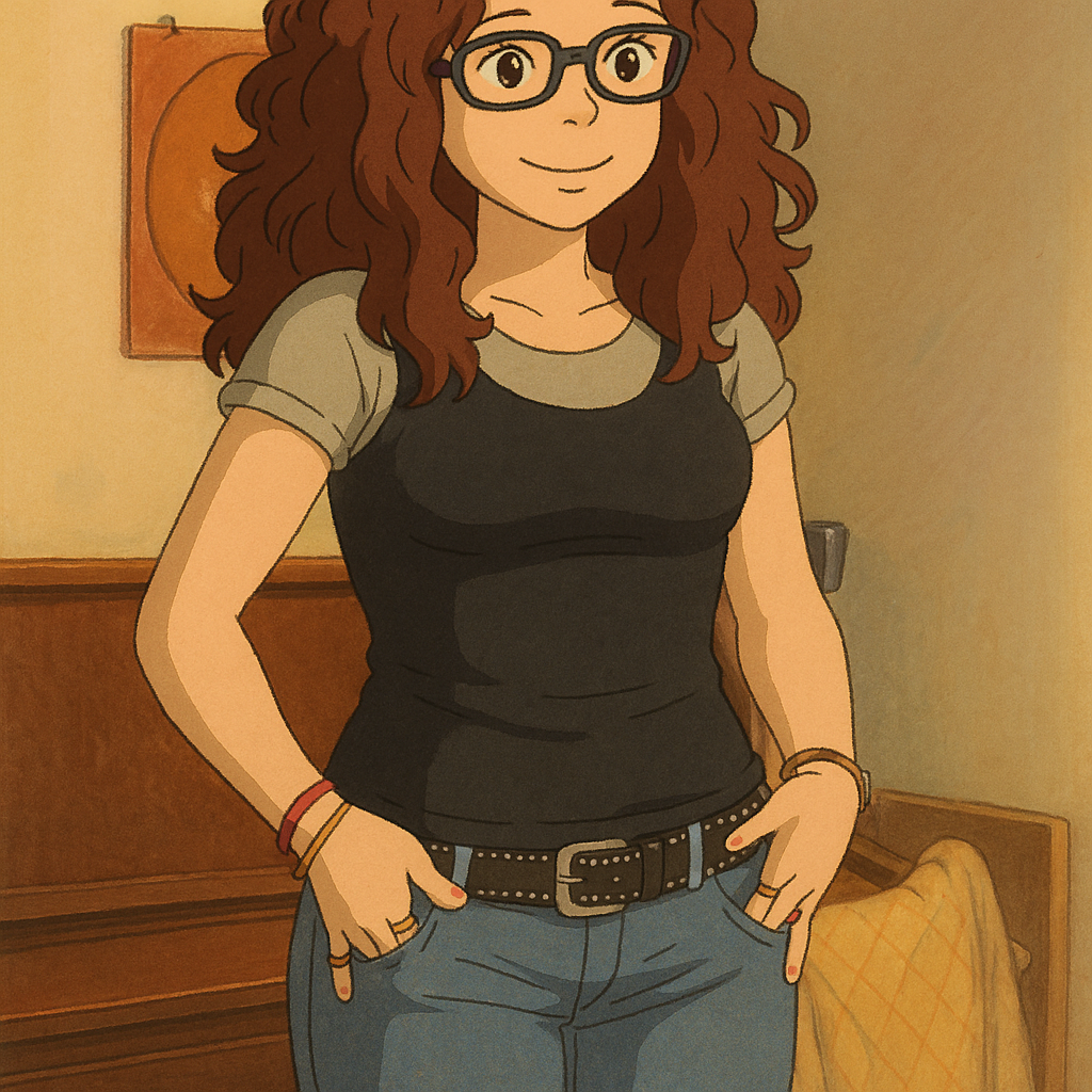 Pourriez-vous, je vous prie, transformer cette image en style Ghbli ?
On respectera:
- La tenue vestimentaire de cette femme au détail près:
Le même débardeur noir portée par dessus un t-shirt gris à manches courtes, les mêmes lunettes de vue et le même jean moulant.
On insistera sur le fait de bien restituer l'effet moulant du jean.
- Les détails physiques:
-> même coupe de cheveux longue, ondulée et châtain, et les mêmes yeux NOISETTE clairs.
On respectera aussi la position corporelle.
D'avance, merci beaucoup.
