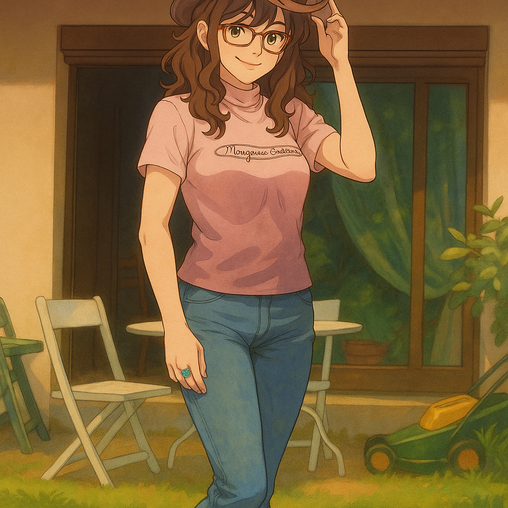 Pourriez-vous, je vous prie, transformer cette image en style Ghbli ?
On respectera:
- La tenue vestimentaire de cette femme au détail près:
La même t-shirt, les mêmes lunettes de vue, le même chapeau texan et le même jean moulant.
On insistera sur le fait de bien restituer l'effet moulant du jean.
- Les détails physiques:
-> même coupe de cheveux longue, ondulée et châtain, et les mêmes yeux NOISETTE clairs.
On respectera aussi la position corporelle.
D'avance, merci beaucoup.