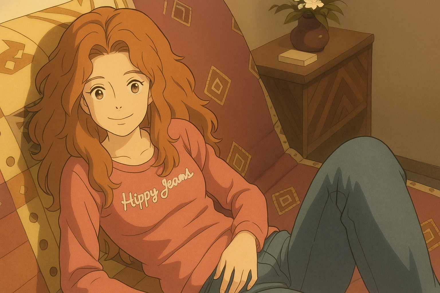 Pourriez-vous, je vous prie, transformer cette image en style Ghibli ? 
 On respectera la couleur des yeux qui est NOISETTE clairs s'il vous plait. 