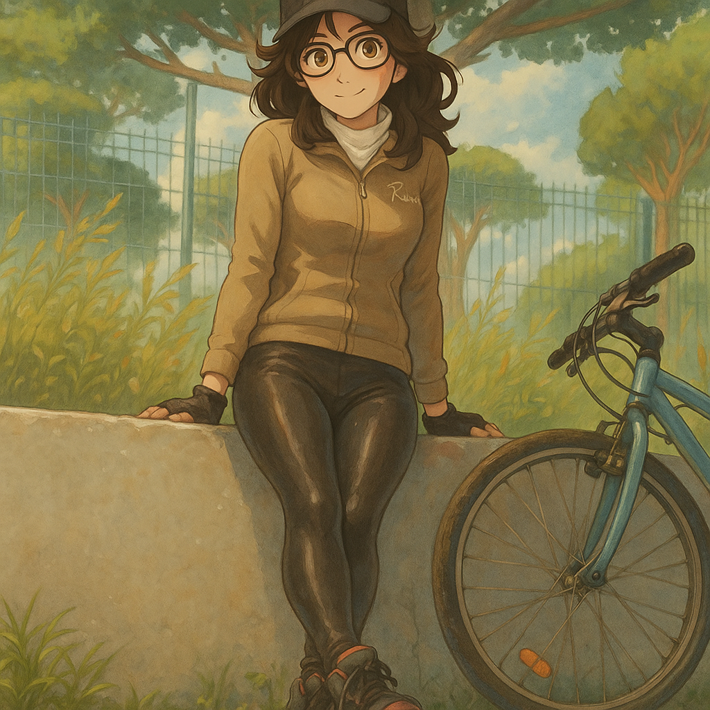 Pourriez-vous, je vous prie, transformer cette image en style Ghibli ? 
On respectera: 
- La tenue vestimentaire de cette femme au détail près: la même casquette, la même veste moulante de sport, les mêmes lunettes de vue, le même foulard, les mêmes baskets et le même leggins de sport noir moulant en lycra (avec effet brillant). 
- Les détails physiques: même coupe de cheveux mi-longue, ondulée et BRUNE et les mêmes yeux NOISETTE clairs. 
On respectera fidèlement la position corporelle ainsi que l'effet moulant du leggins. 
D'avance, merci beaucoup.